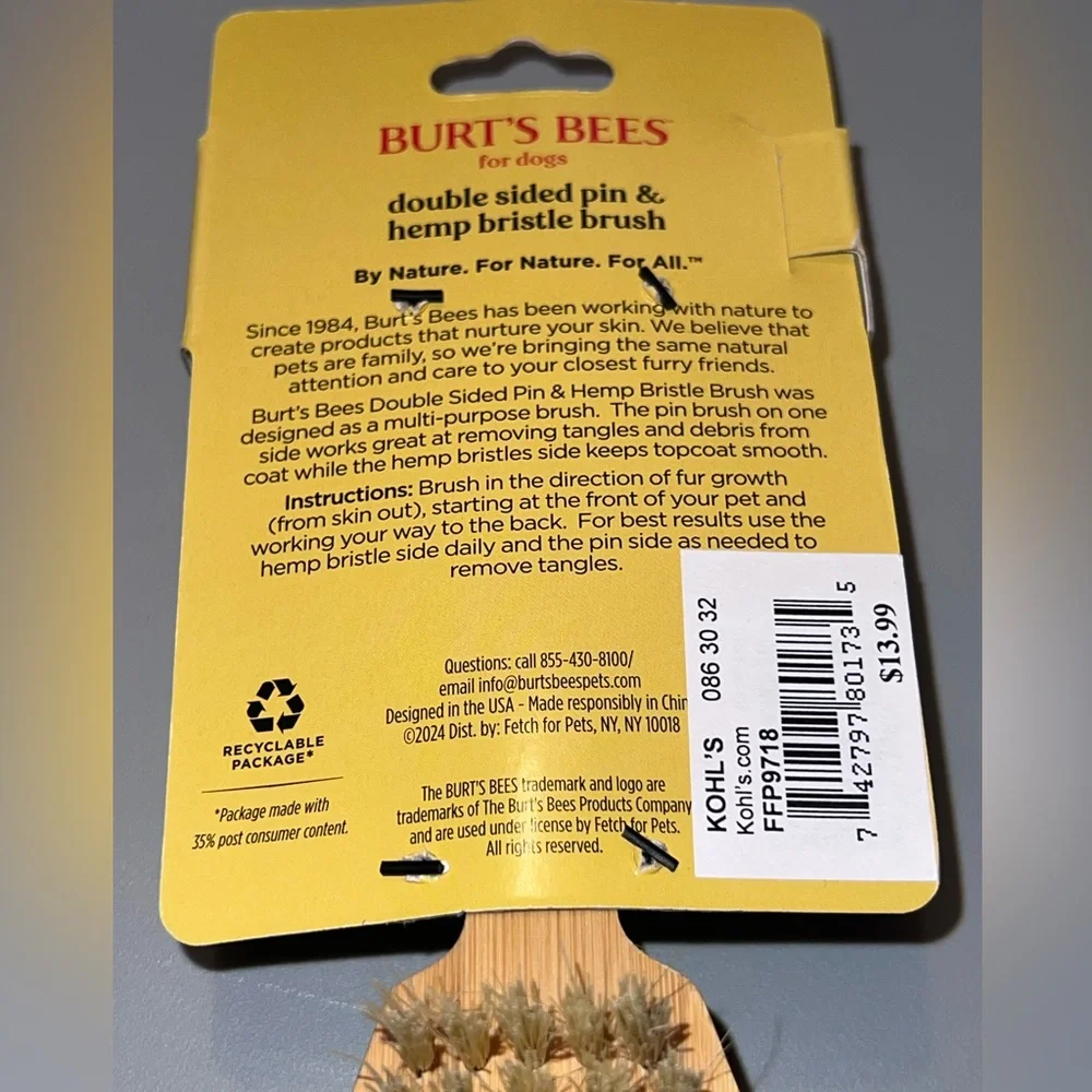 Burt's Bees Double-Sided Pin Bristle & Hemp Hair Brush Natural pet dog cat NEW